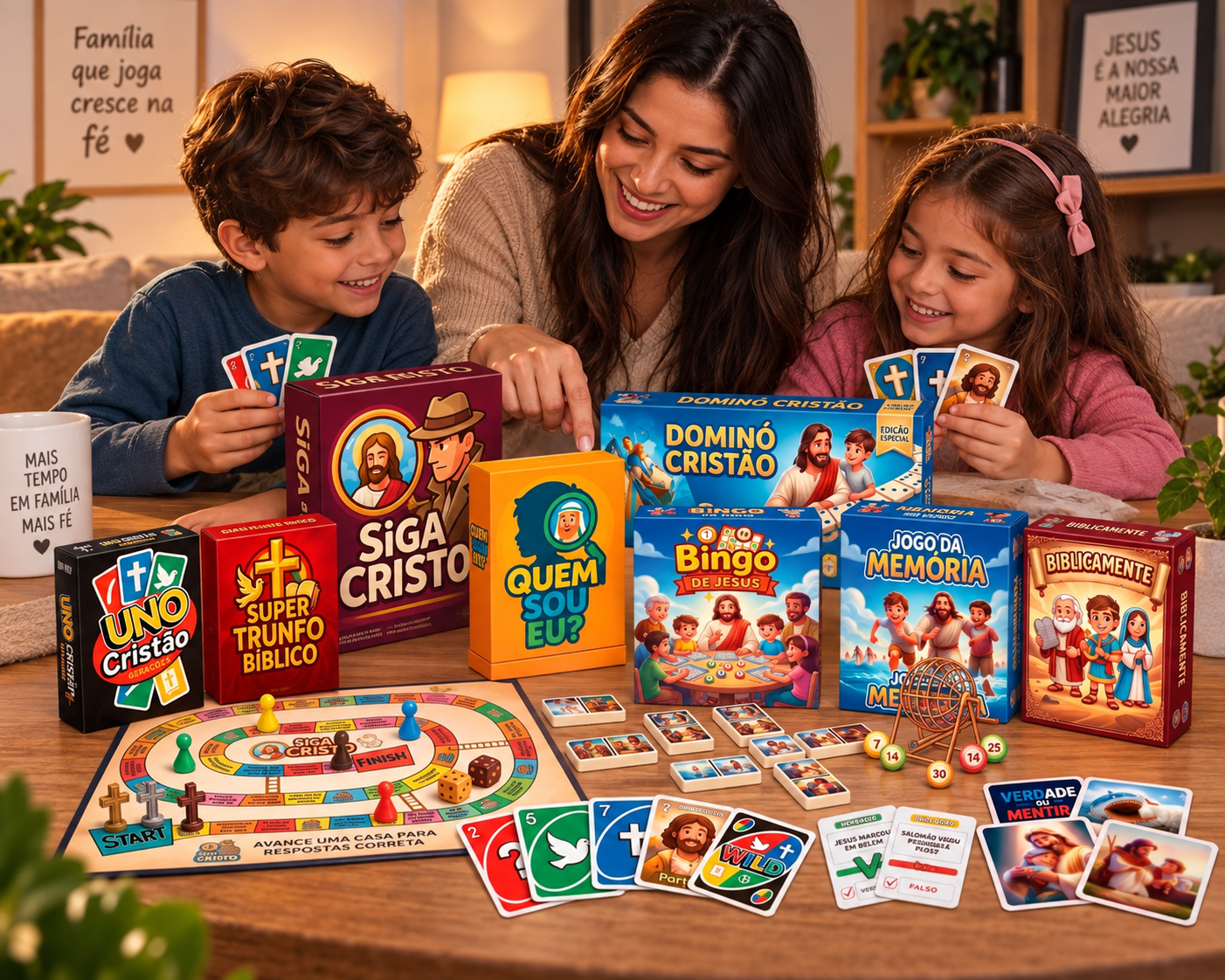 Família jogando os jogos cristãos do combo em volta da mesa