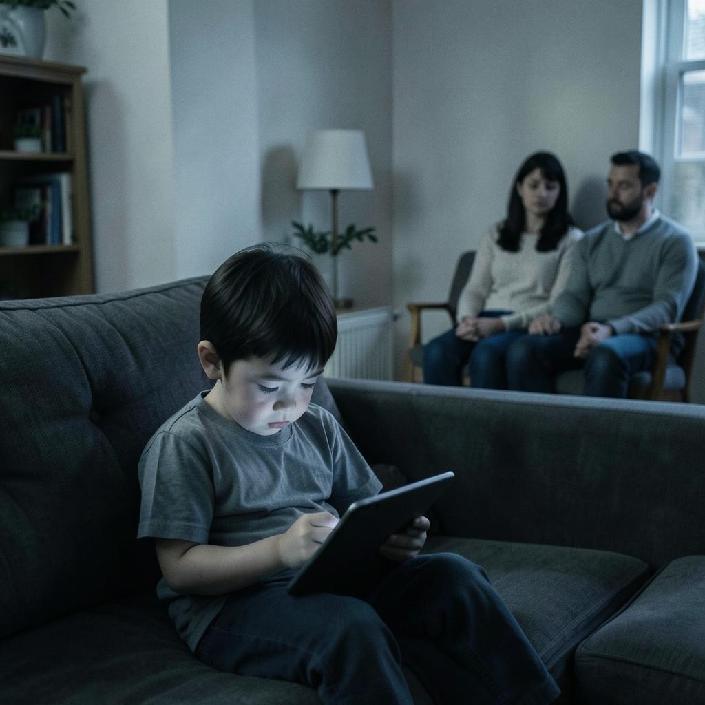 Criança sozinha no tablet e pais cansados